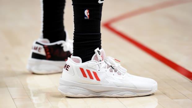 Portland Trail Blazers forward Keljin Blevins wears the adidas Dame 8.